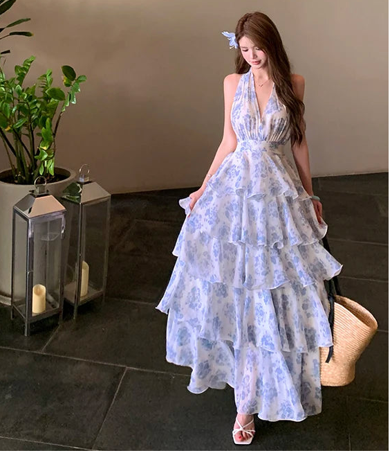 Blue Floral Fairycore Coquette Maxi Dress