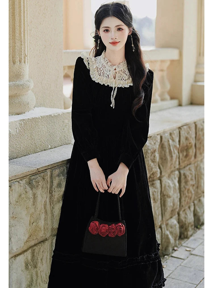 Romantic Goth Dress Black Velvet Victorian Vintage Dress Dark Romantic Romantic Goth Dress Black Velvet Victorian Vintage Dress Dark Romantic