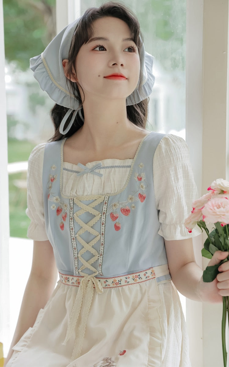 Strawberry Garden 2-Piece Set Cottagecore Dress with Head Scarf