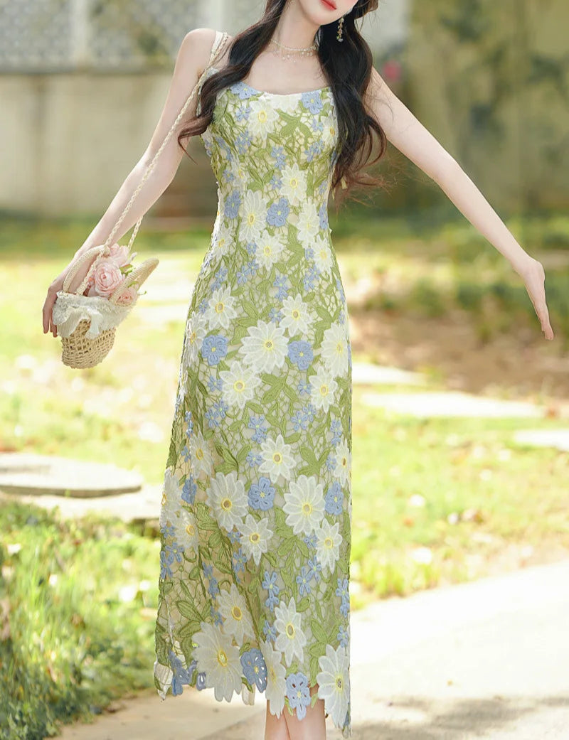 Daisy Vintage Style Flower Power Flower Applique Dress Green Witch Dress Daisy Vintage Style Flower Power Flower Applique Dress Green Witch Dress
