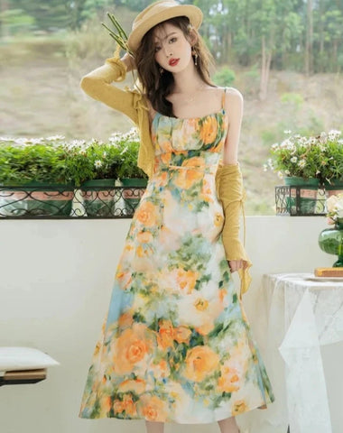Garden Floral Print Cottagecore Dress Set Retro Fairycore Vintage Dress