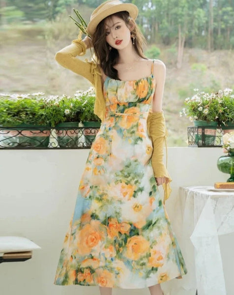 Garden Floral Print Cottagecore Dress Set Retro Fairycore Vintage Dress