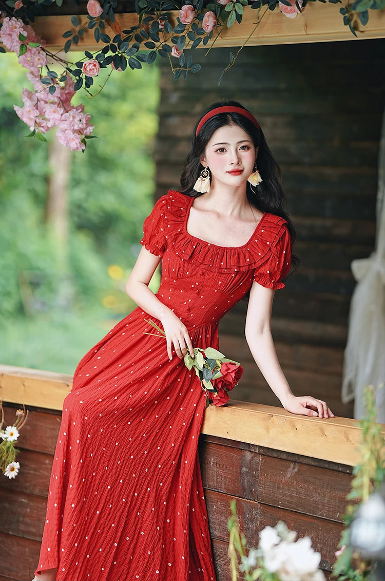 cottagecore red dress Rust Red Vintage Cotton Dress