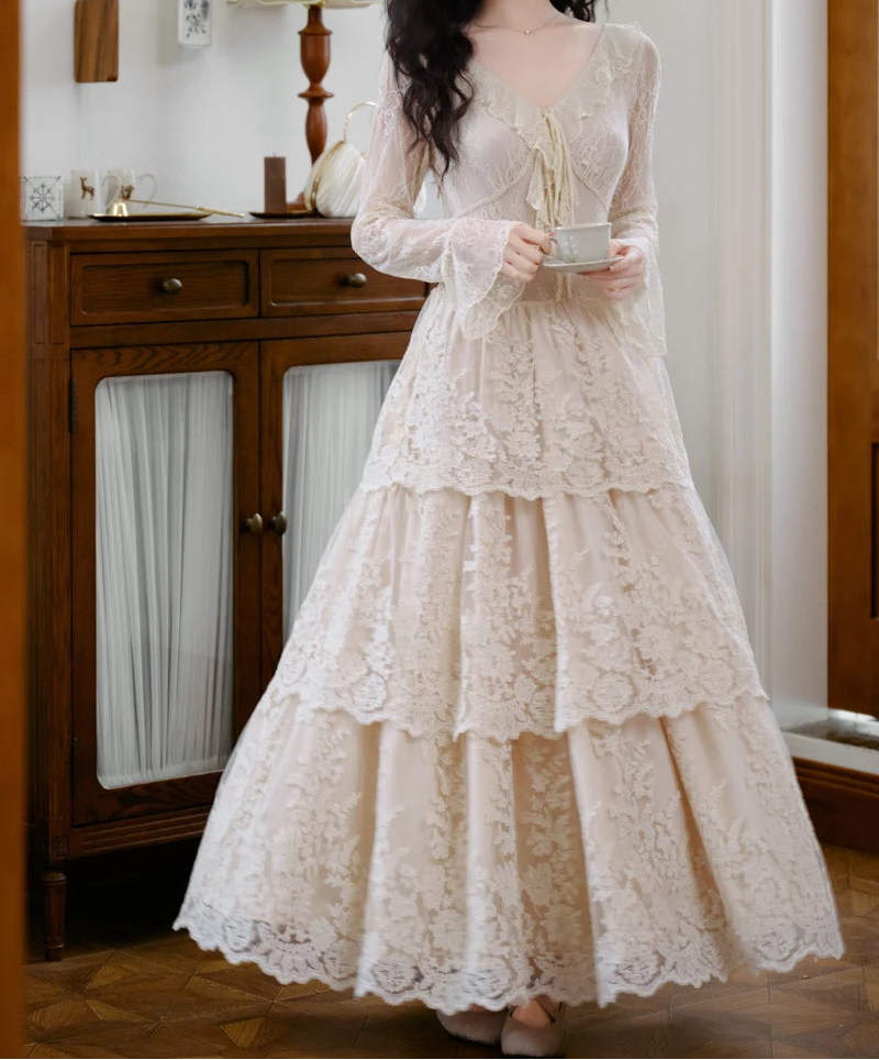 Estelia Romantic Royalcore Vintage-Style Lace Dress