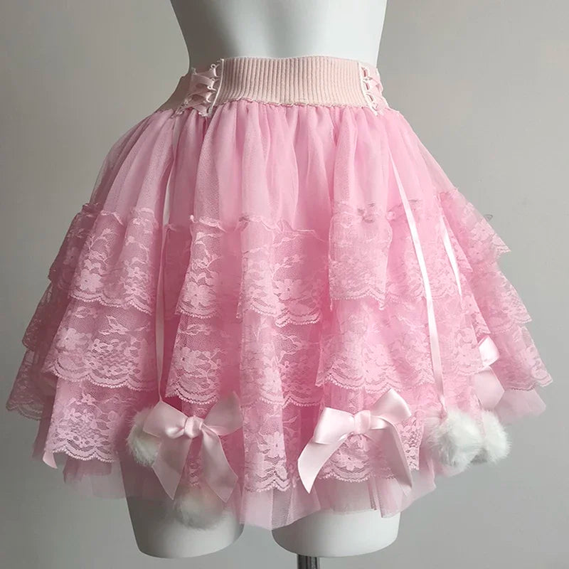 PomPom Balletcore Princess Coquette Style Lace Skirt with Bows