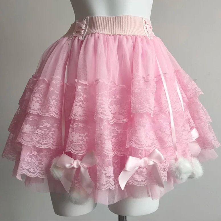 PomPom Balletcore Princess Coquette Style Lace Skirt with Bows