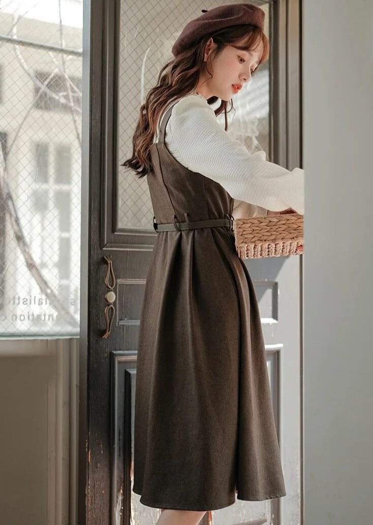 Marceline Dark Academia Pinafore Dress with Belt