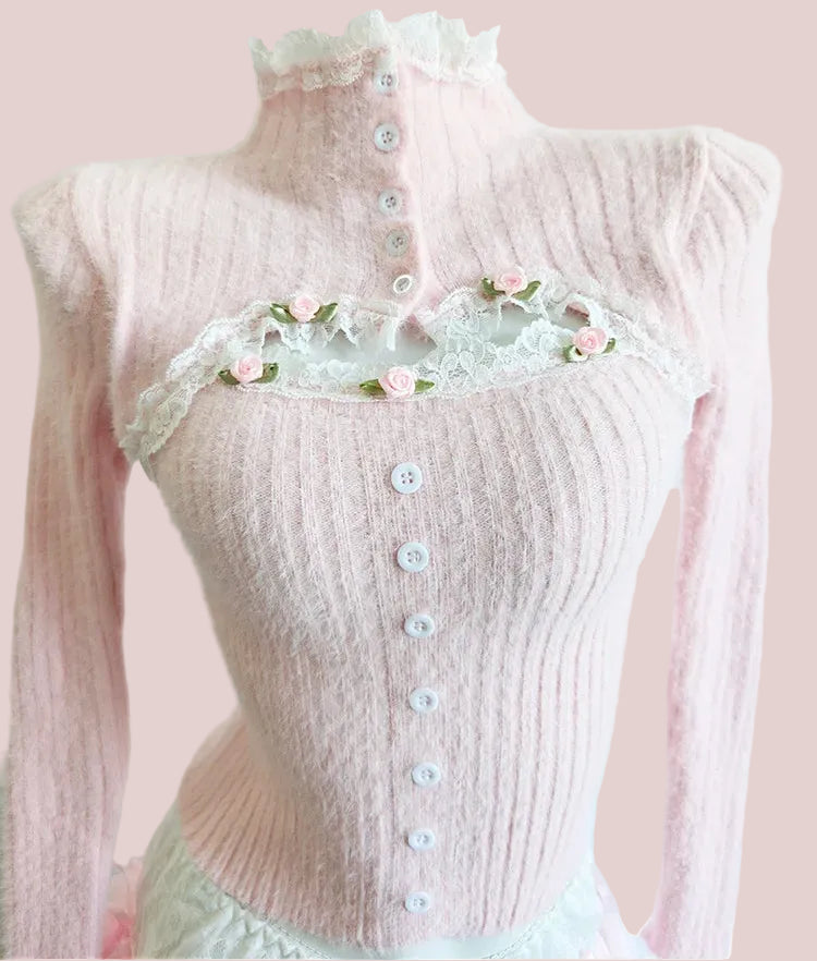 Rosy Coquette Long Sleeve Knitted Top