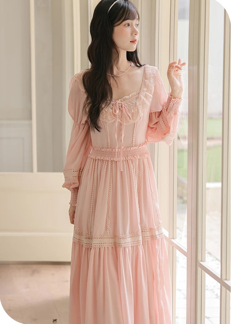 Long Sleeve Cottagecore Dress peach pink cottagecore outfit