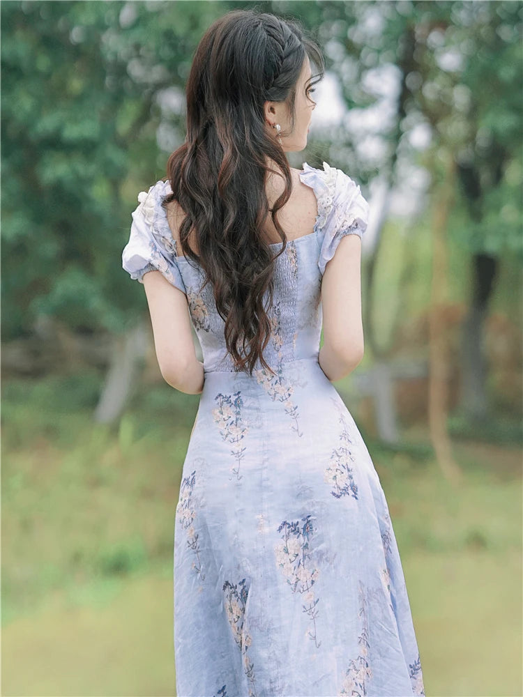Blue floral Romantic Fairy Dress Fairycore Dress