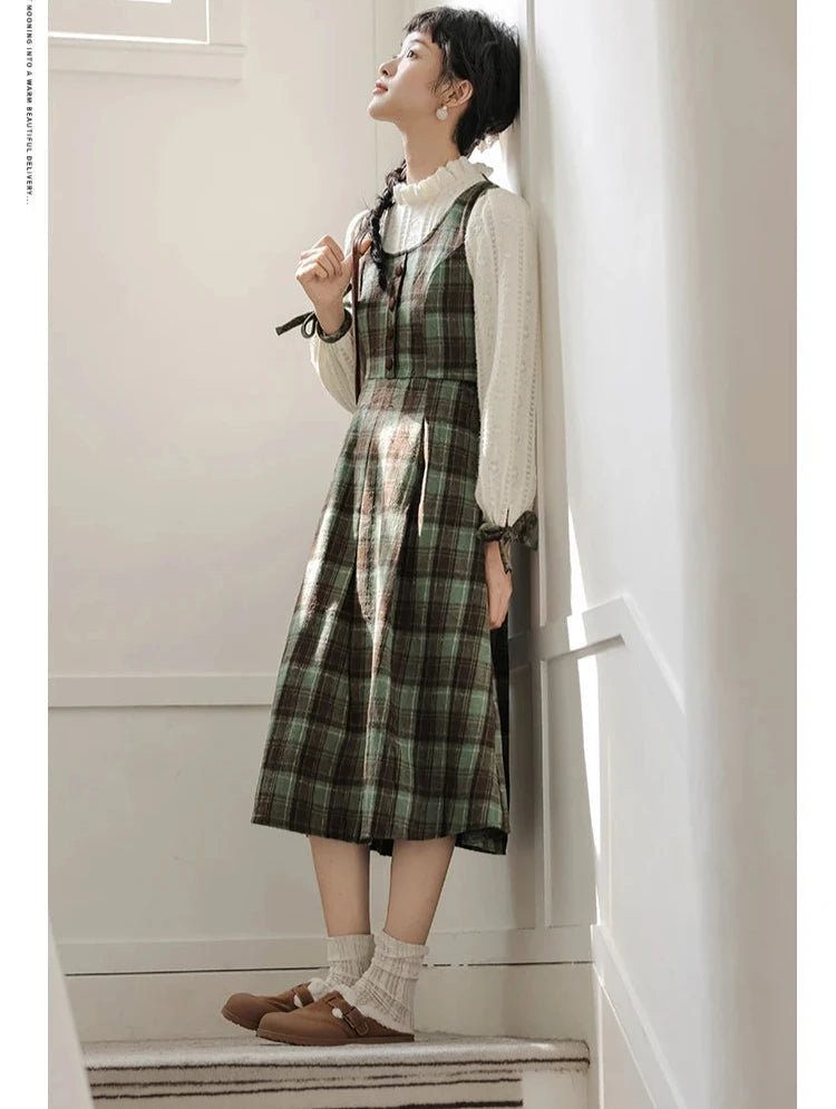 Slower Life Plaid Long Sleeve Cottagecore Dress