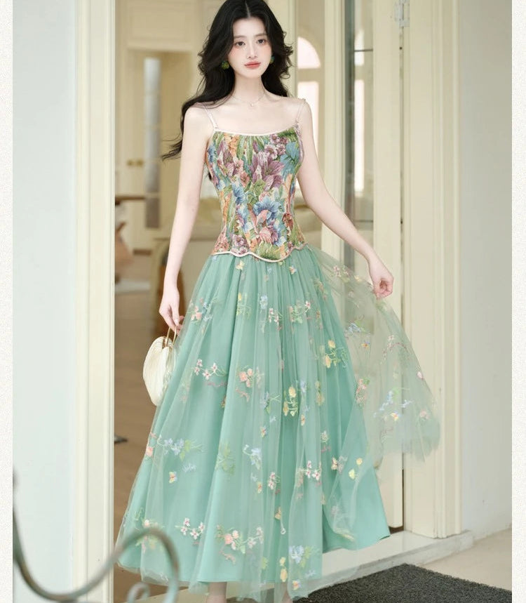 Fae Enchantment 2-Piece Flower Embroidered Green Fairy Dress Set