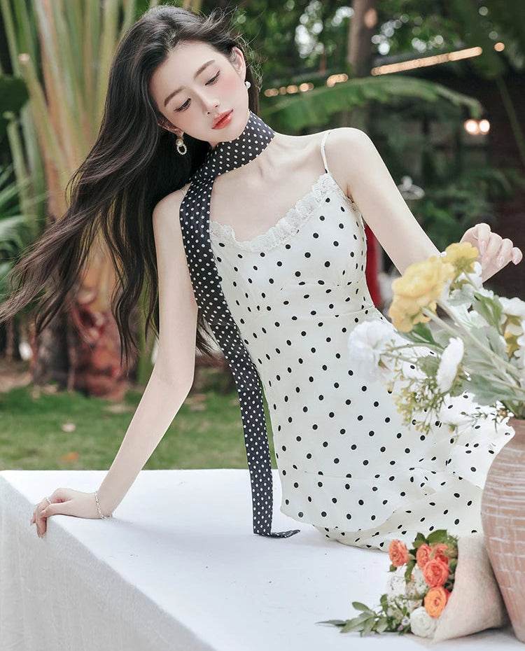 Lucy Coquette Polka Dot Maxi Dress 2-Piece Set (Dress+Scarf)