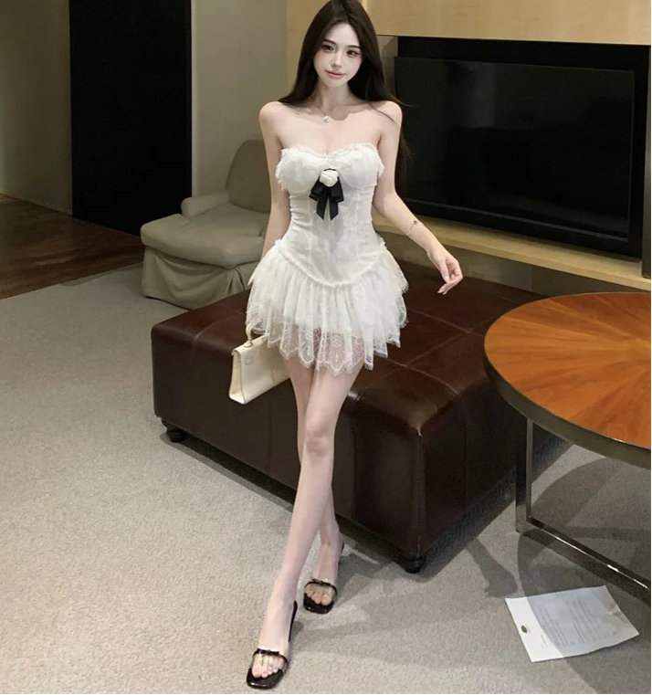 White Lace Coquette Dress with bow and rose charm coquette aesthetic