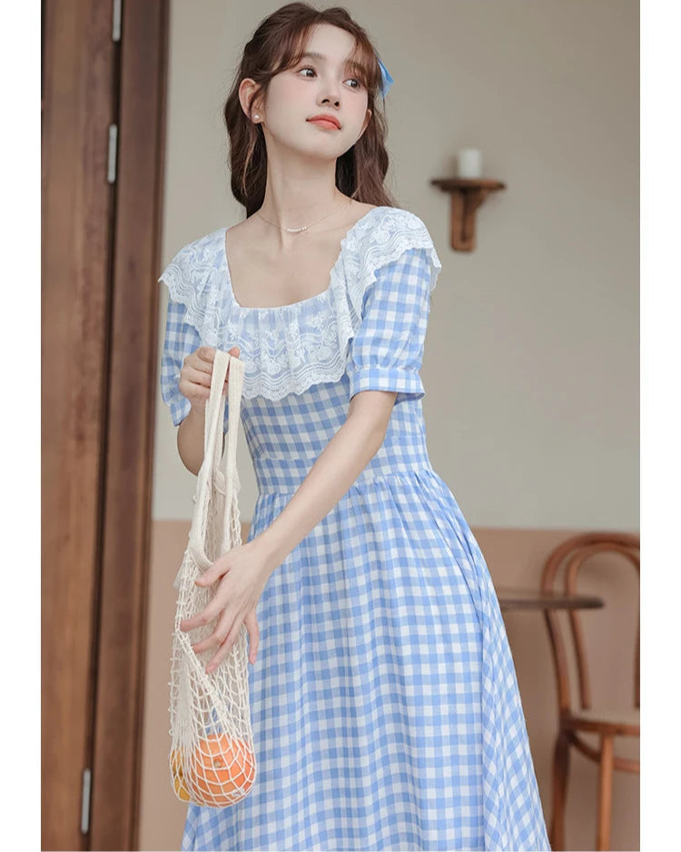 Heidi Plaid Blue Cottagecore Dress
