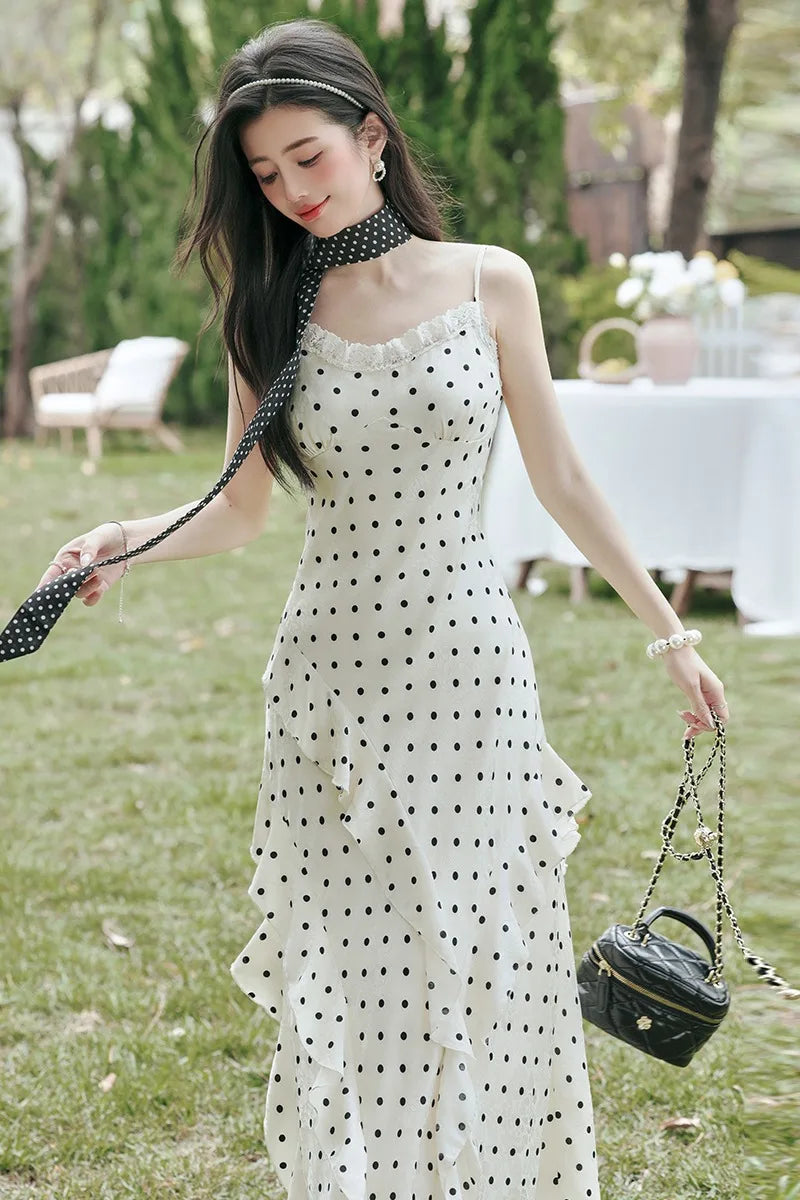 Lucy Coquette Polka Dot Maxi Dress 2-Piece Set (Dress+Scarf)