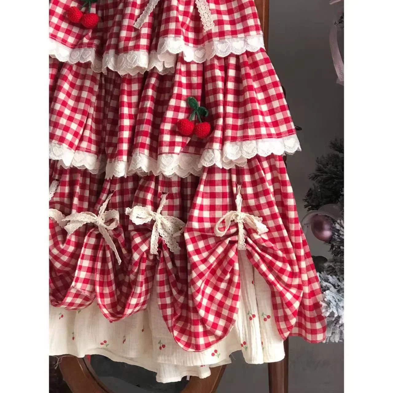 Cherry Red Plaid Cottagecore Skirt