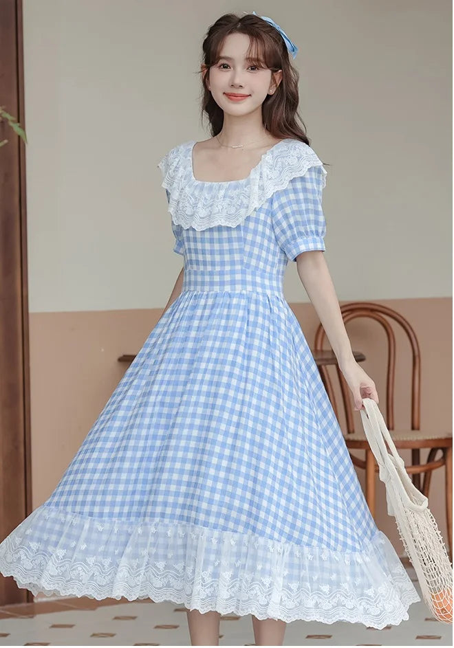 Heidi Plaid Blue Cottagecore Dress