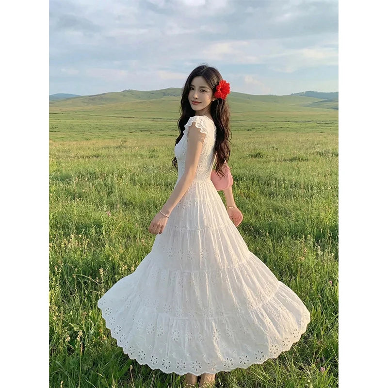 white flowy cottagecore dress White Embroidered Cottagecore Dress white cottagecore dresses