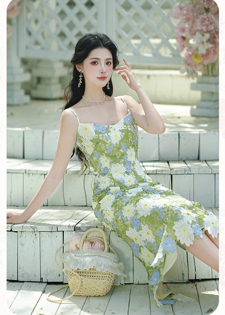Daisy Vintage Style Flower Power Flower Applique Dress Green Witch Dress Daisy Vintage Style Flower Power Flower Applique Dress Green Witch Dress