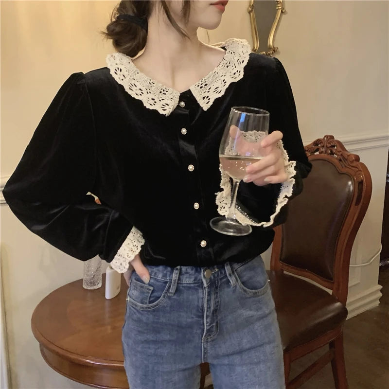 Ignea Black Velvet Romantic Gothic Dark Academia Blouse
