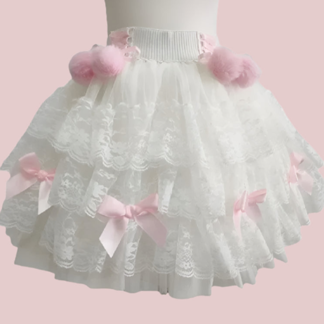 PomPom Balletcore Princess Coquette Style Lace Skirt with Bows