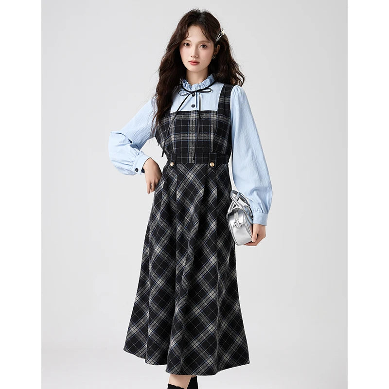 Blue Stories Dark Academia Plaid Long Sleeve Dress