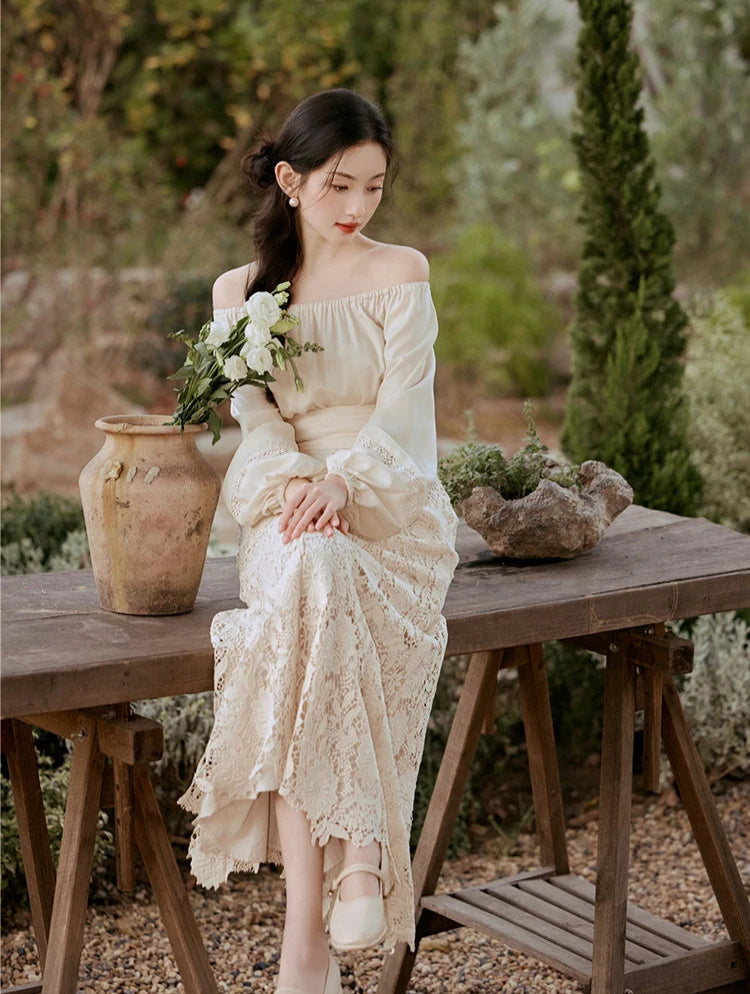 Lotus Heart Romantic Lace Cottagecore Dress Set