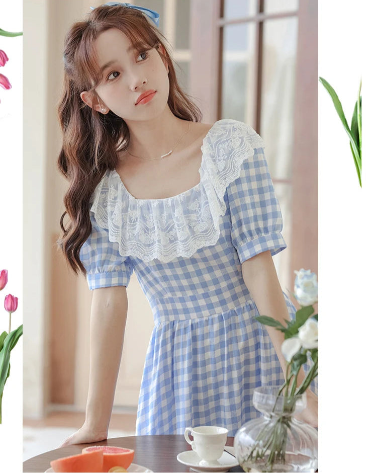 Heidi Plaid Blue Cottagecore Dress