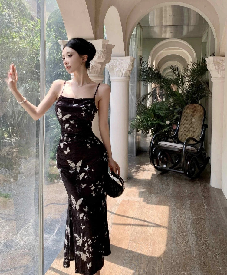Dark Butterfly Velvet 90s Minimalist Style Slip Dress