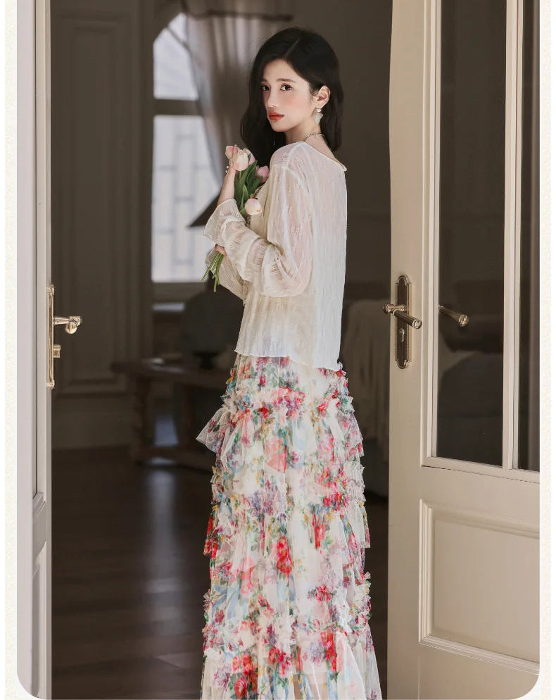 Elainna 3-Piece Outfit - Lace Bustier Top + Floral Ruffle Skirt + Cardigan