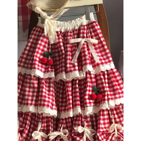 Cherry Red Plaid Cottagecore Skirt