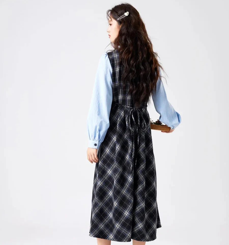 Blue Stories Dark Academia Plaid Long Sleeve Dress