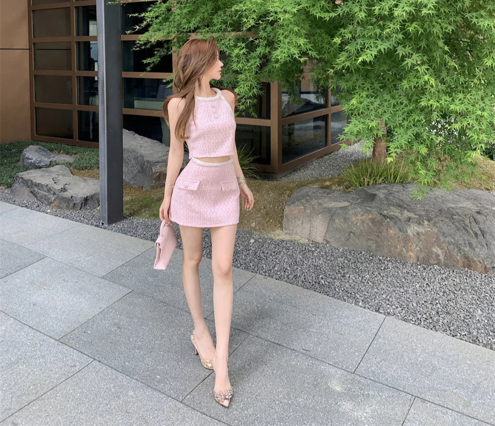 Pastel Pink Coquette 2-Piece Tweed Set