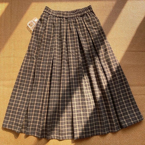 Winter Fog Wool Dark Academia Plaid Midi Skirt