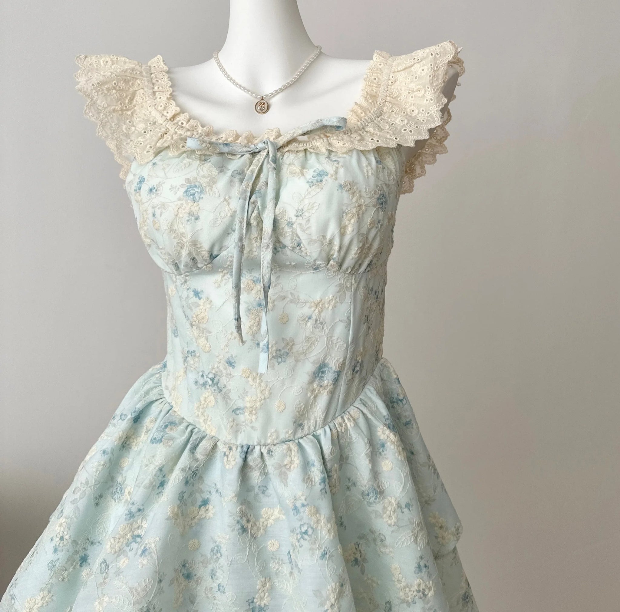 Blue Floral embroidery Lace Coquette Dress coquette fashion style