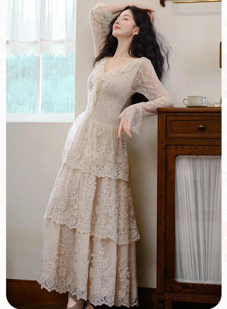 Estelia Romantic Royalcore Vintage-Style Lace Dress
