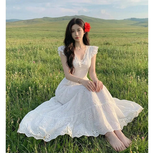 Begonia White Embroidered Cottagecore Dress