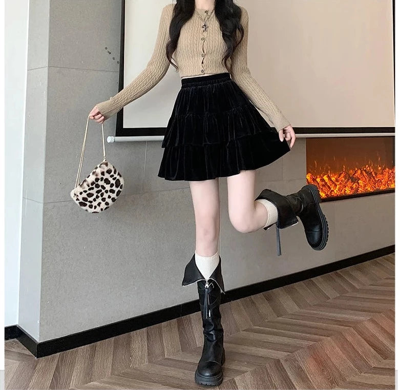 Raine Black Velvet Goth Mini Skirt with Built-in Shorts