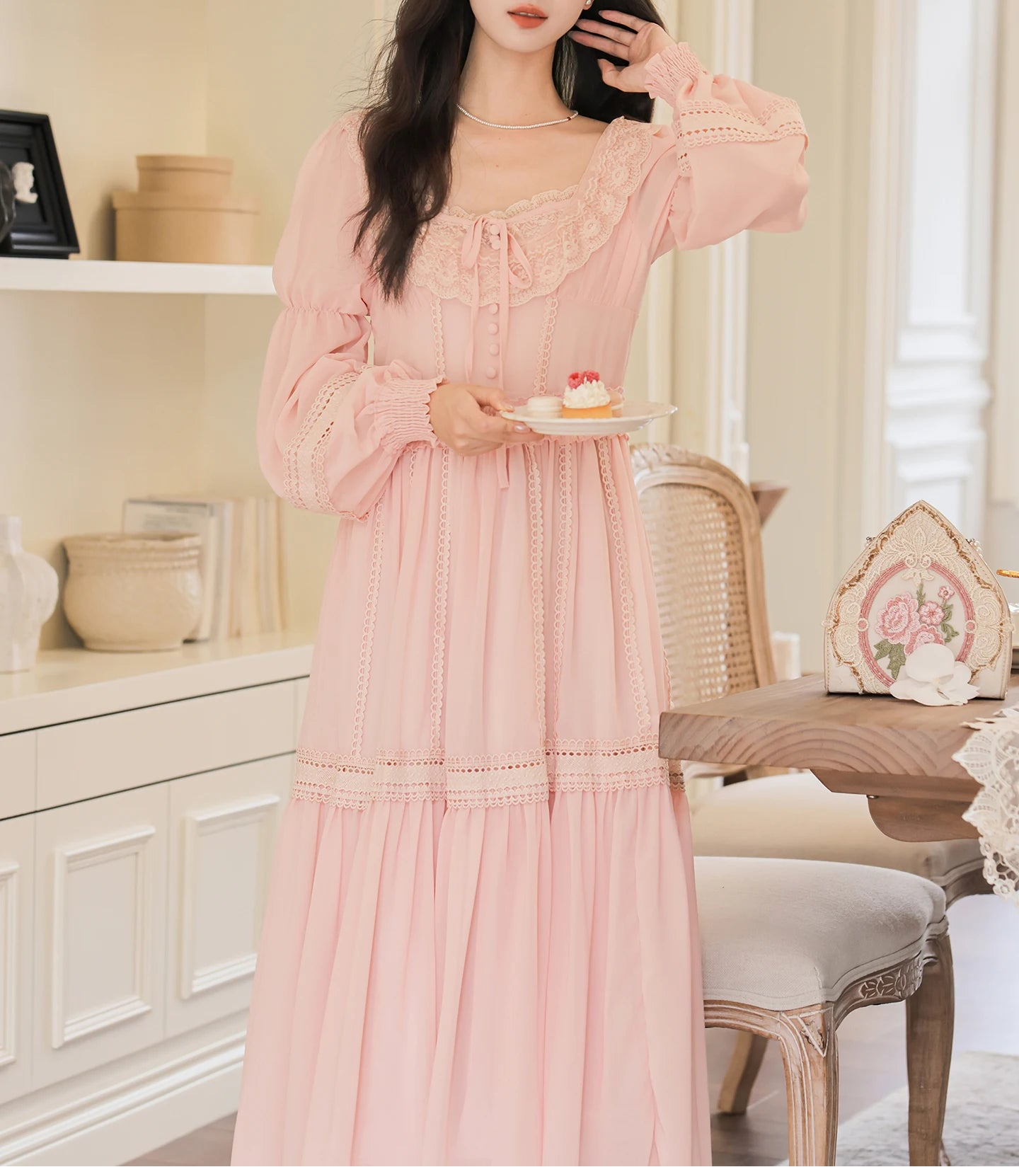 strapless open back dress Blush Pink Cottagecore Dress with Rosette Collar main image 0