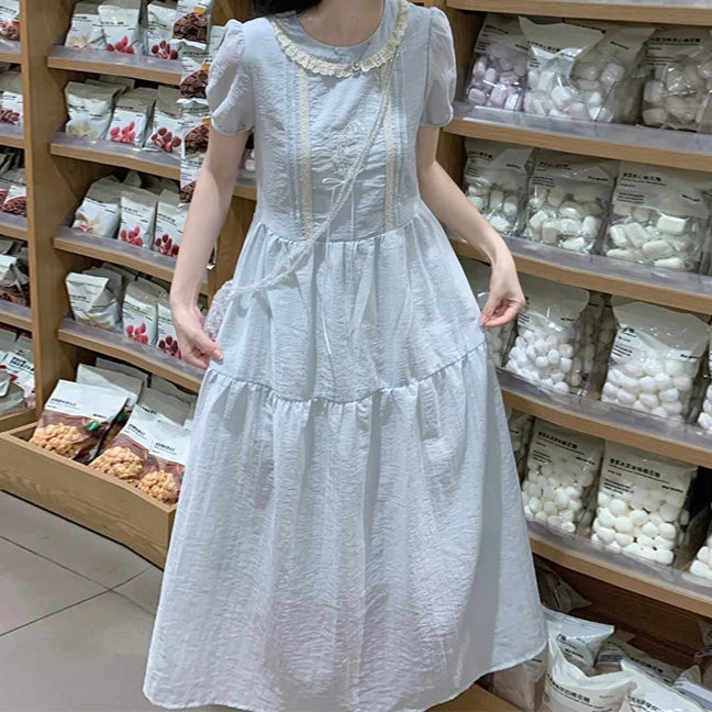 Lily of the Valley Embroidered Baby-Blue Dollcore Dress