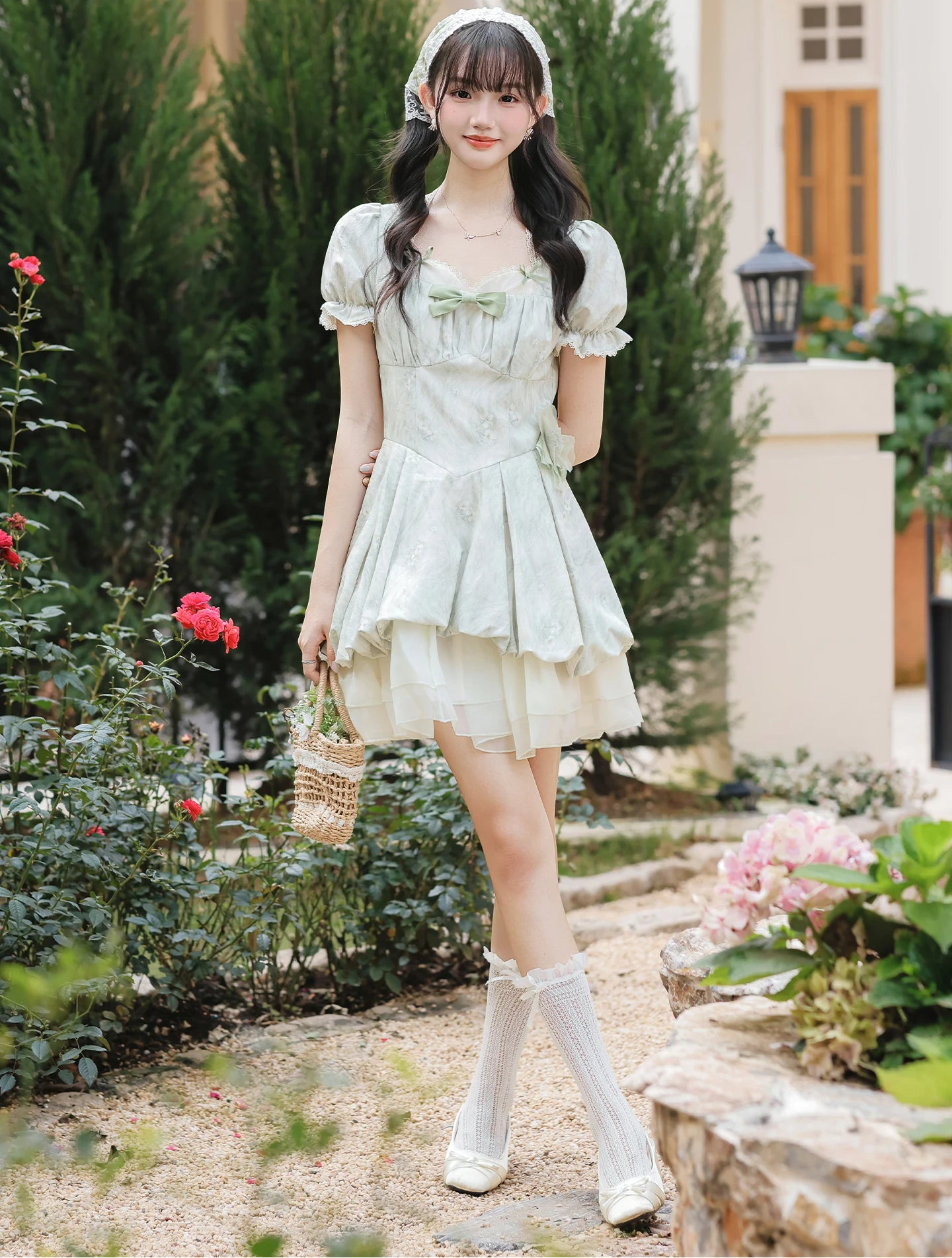 Lala 2-Piece Pastel Cottagecore Dress + Head Scarf Set