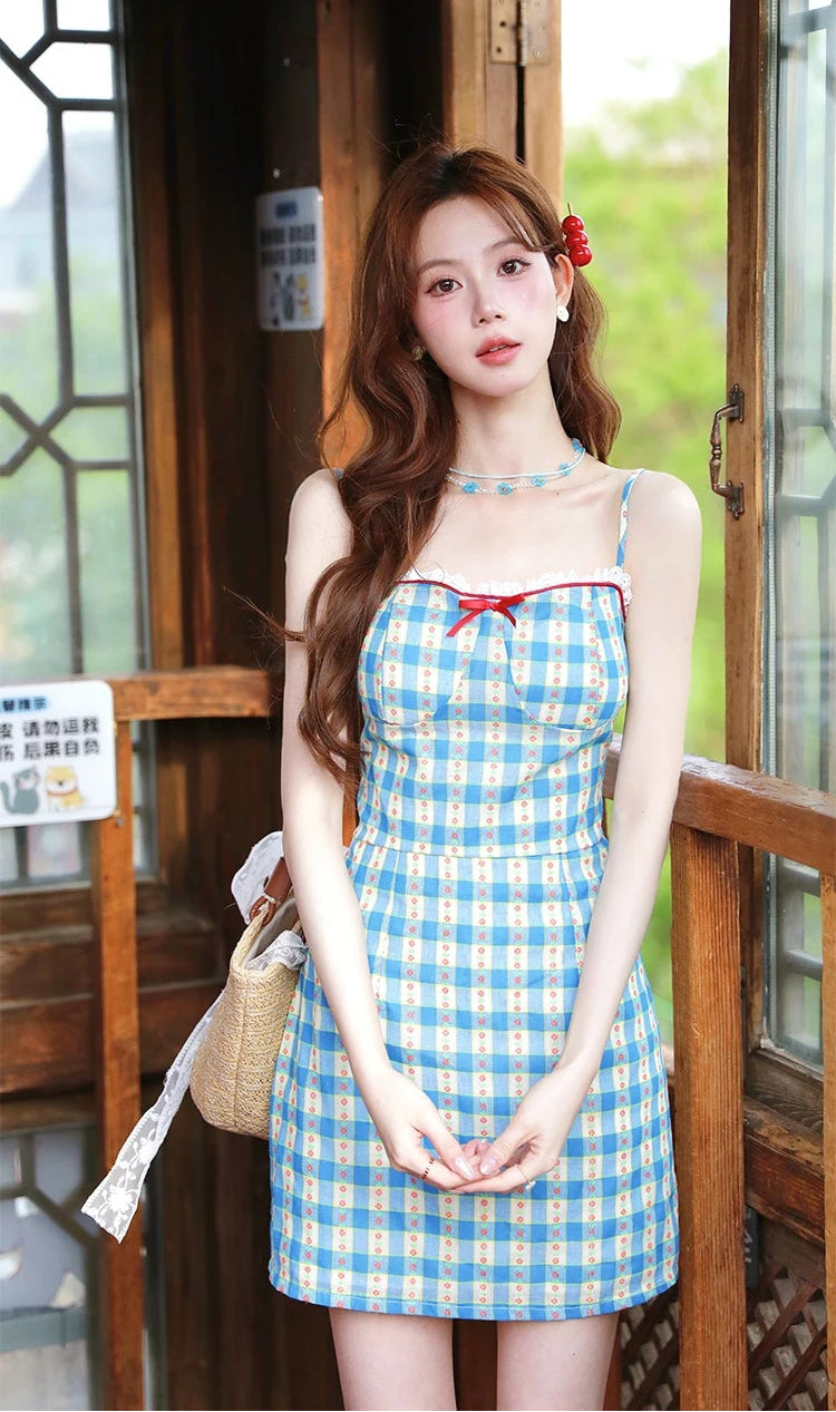 2-Piece Blue Plaid Picnic Dress Set