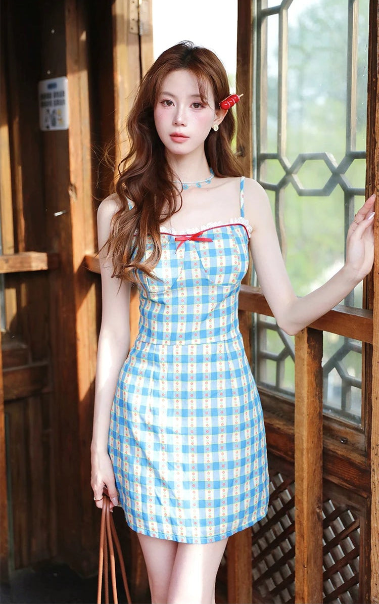 2-Piece Blue Plaid Picnic Dress Set