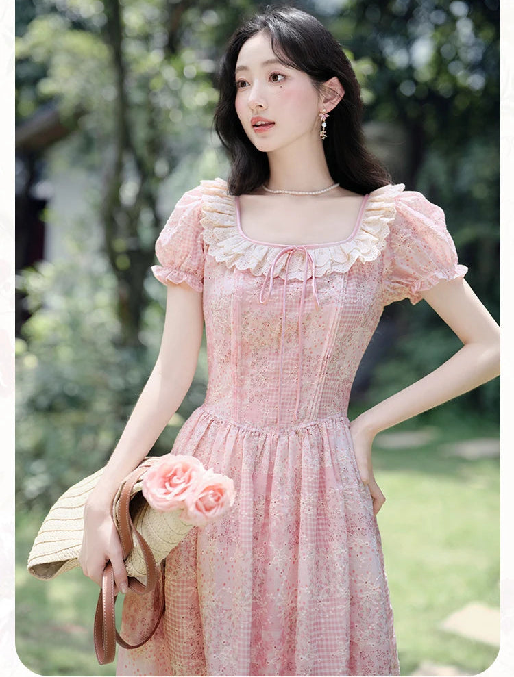 pink fairycore dress Fairycore Ruffled Pink Floral Dress S (Length- 50 inches/127 cm) I Retro Fairy