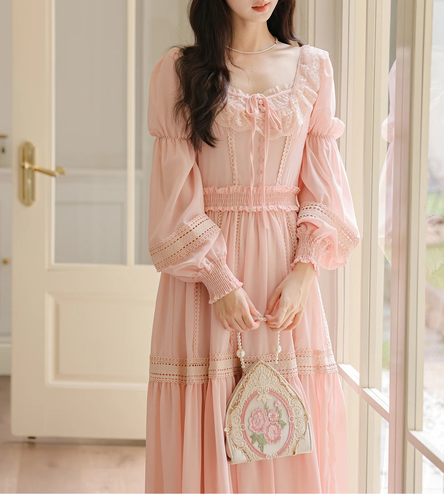 Long Sleeve Cottagecore Dress peach pink cottagecore outfit
