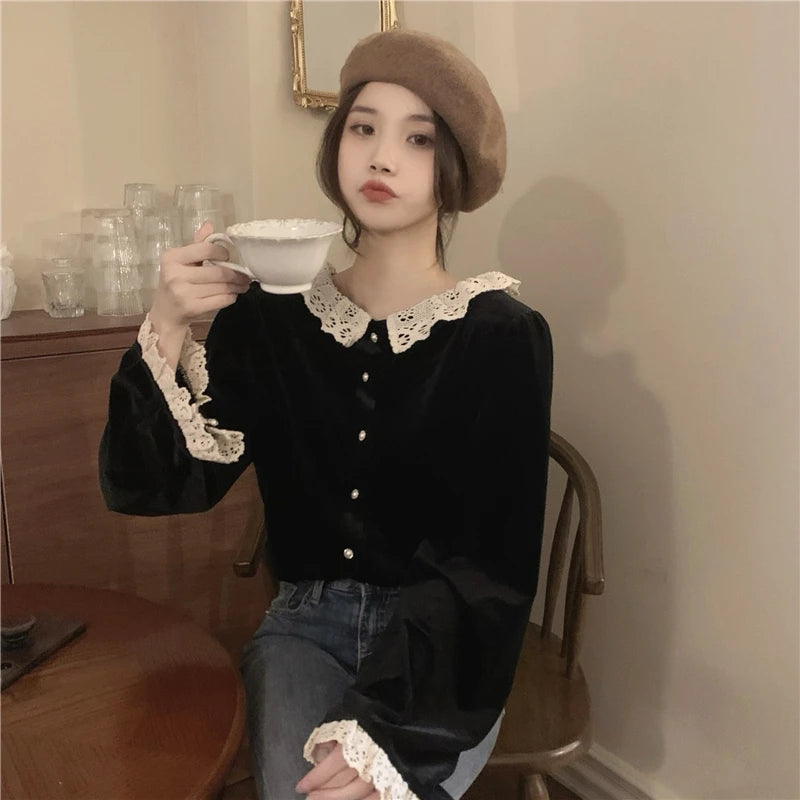 Black Velvet Romantic Gothic Dark Academia Blouse
