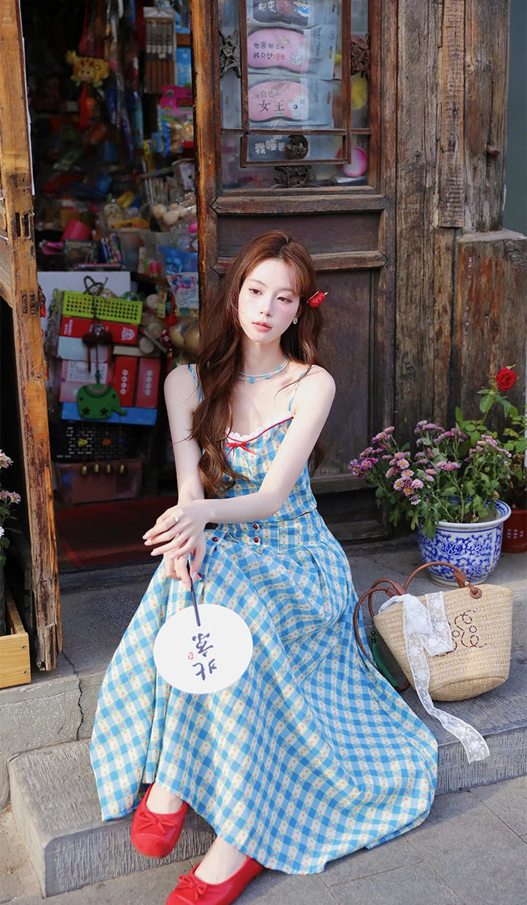 2-Piece Blue Plaid Picnic Dress Set