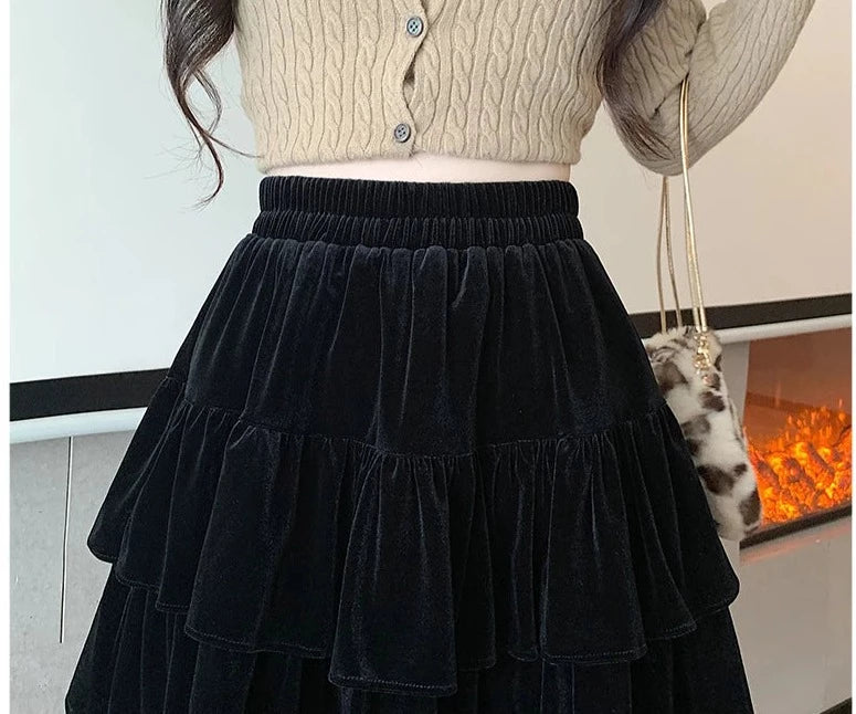 Black velvet ruffle skirt best sale