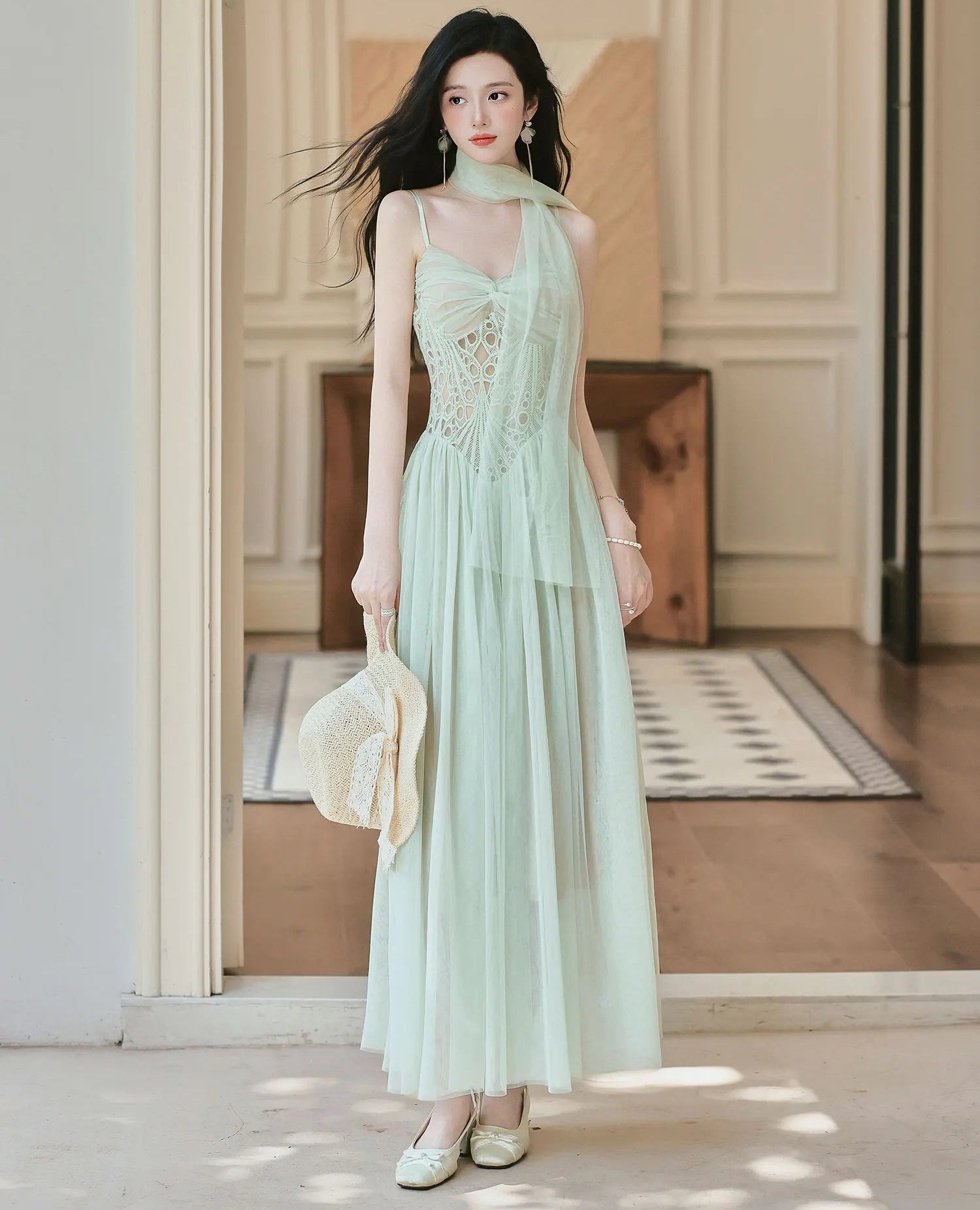 Seafoam-Green Fairy Princess Dress with Scarf